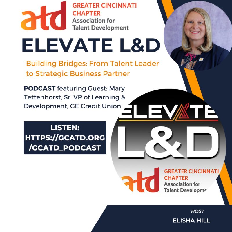 Podcast promotion for "Elevate L&D," featuring Mary Tettenhorst discussing talent development strategies